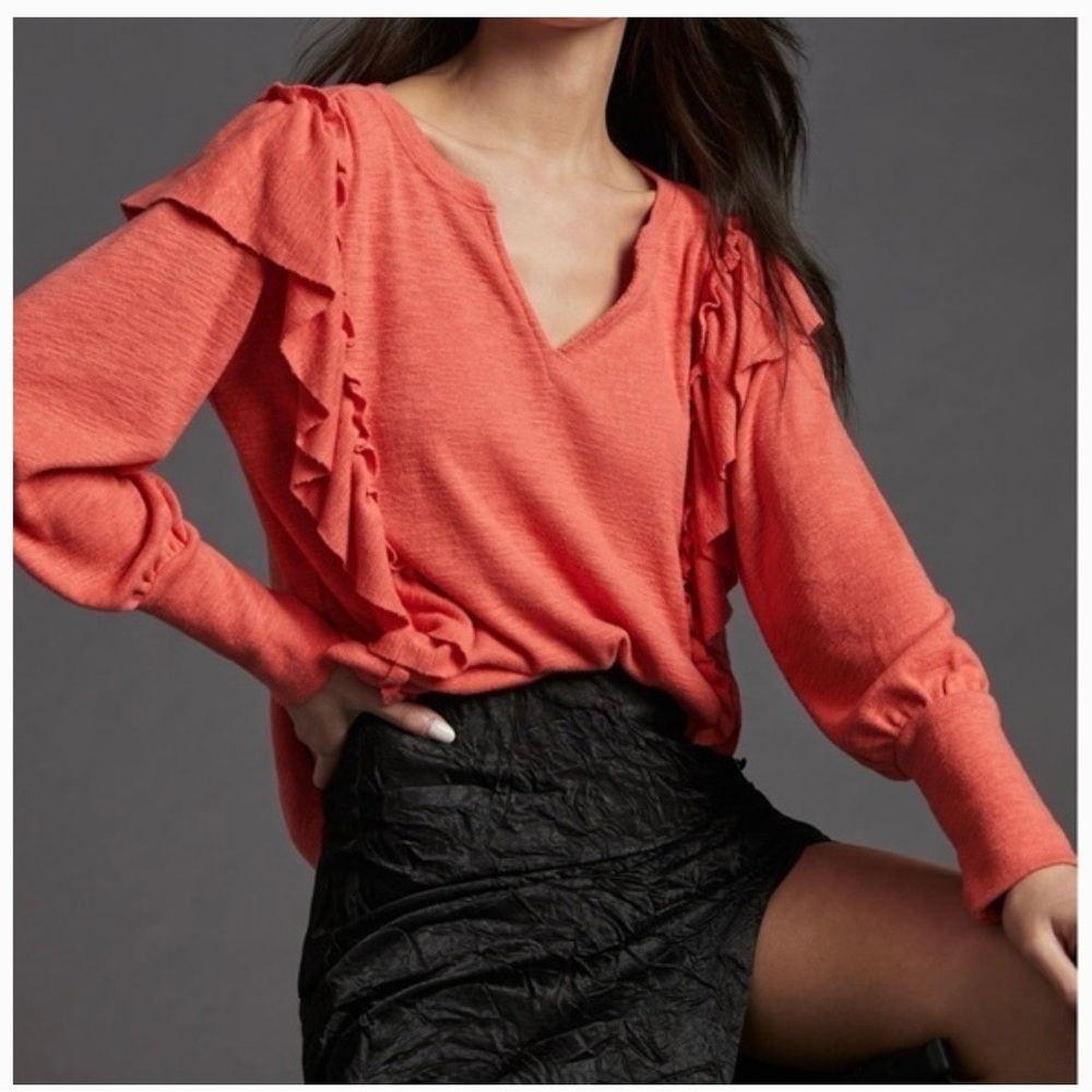Anthropologie/Pilcro Ruffled Coral Top - Picture 3 of 10